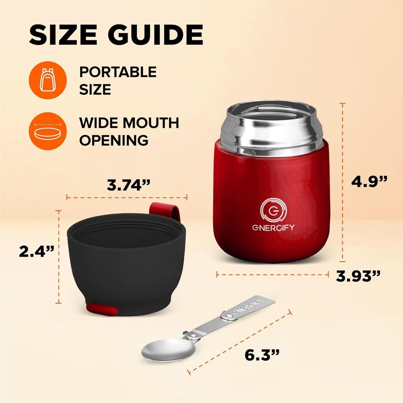 ENERGIFY Vacuum Insulated Food Jar. Large 17oz Bowl incl. Folding Spoon, Cup. Wide Mouth Keep Hot & Cold Drinks Soup Lunch Container for Adults. BPA-Free Stainless Steel, Leak Prooff Radiant red - Image 4